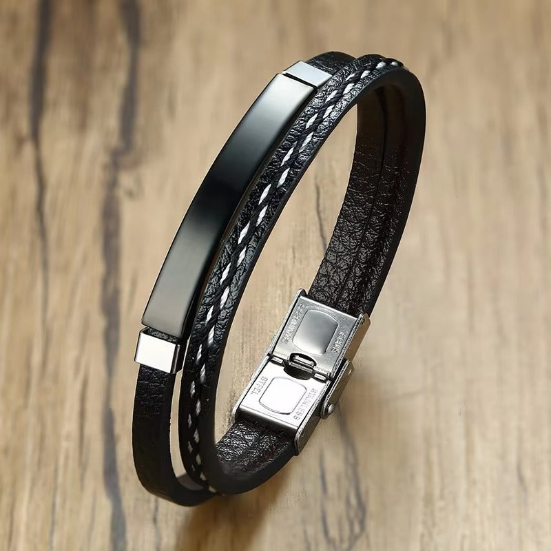 Bracciale in Pelle con Barra in Acciaio – Unisex