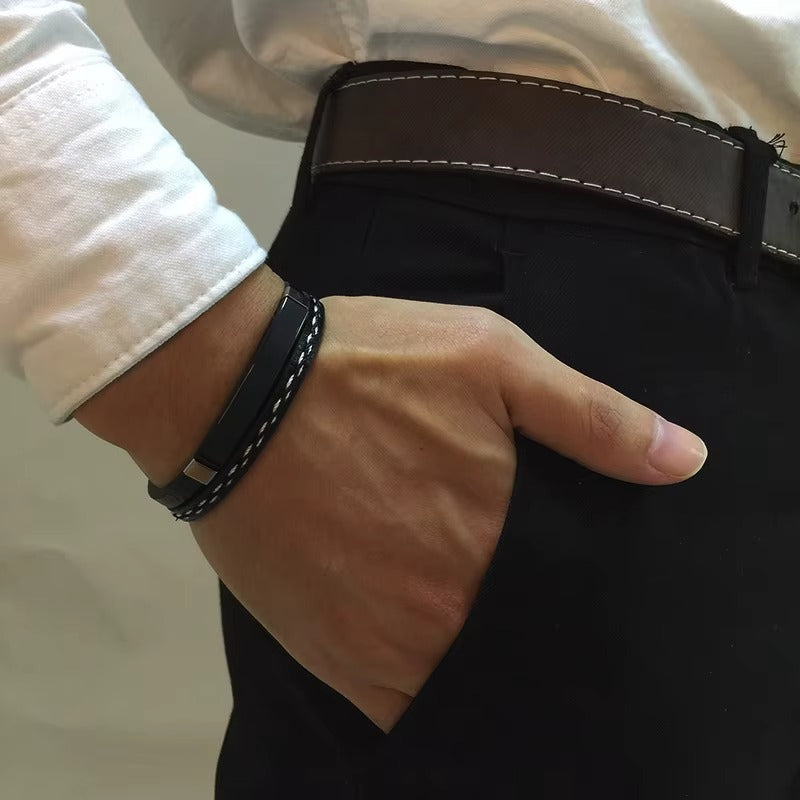Bracciale in Pelle con Barra in Acciaio – Unisex