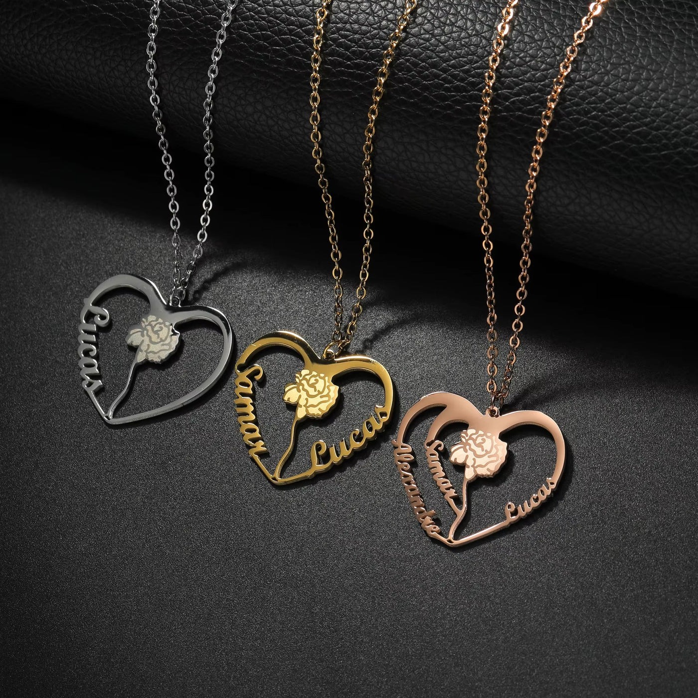 Collana Cuore con Fiori Incisi –  Nomi Personalizzati