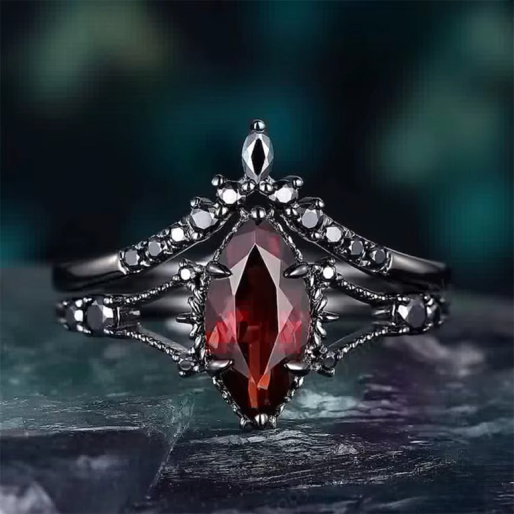 Anelli da Donna in Nero con Cristallo Rosso e Zirconi – Set 2 pezzi