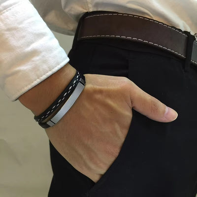 Bracciale in Pelle con Barra in Acciaio – Unisex