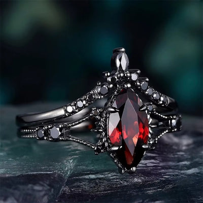 Anelli da Donna in Nero con Cristallo Rosso e Zirconi – Set 2 pezzi