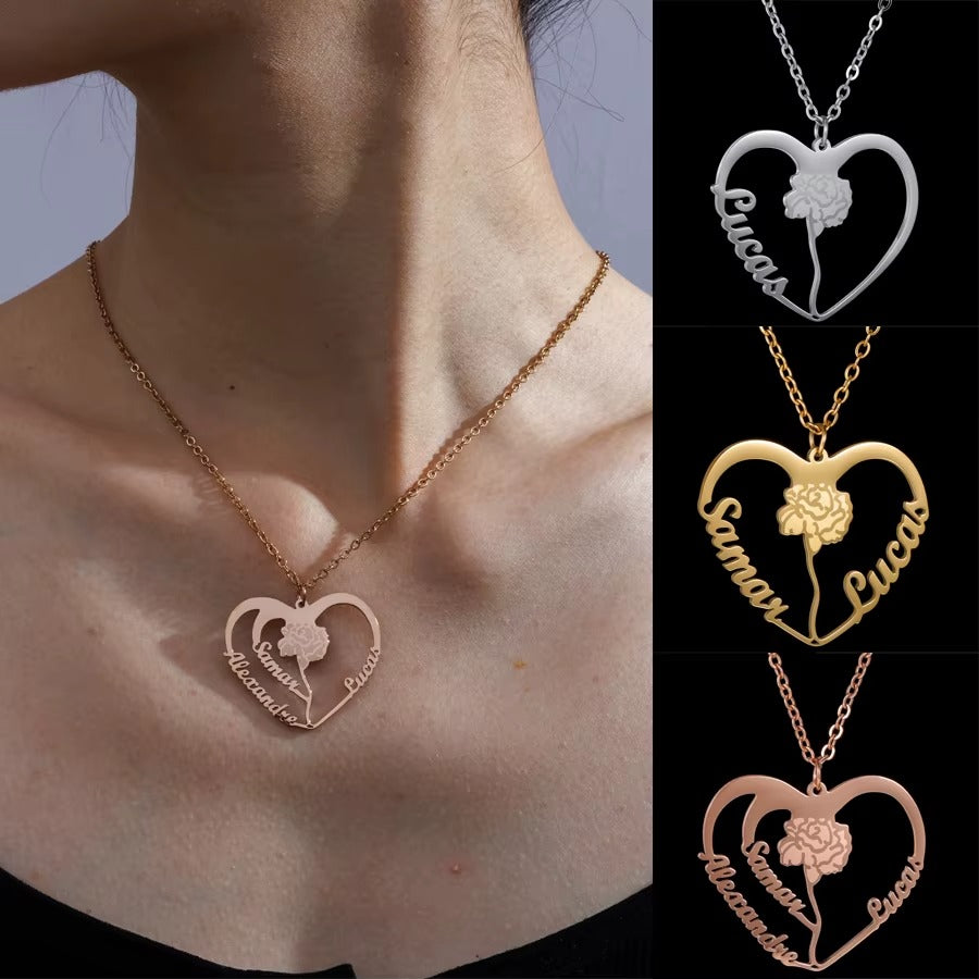 Collana Cuore con Fiori Incisi –  Nomi Personalizzati