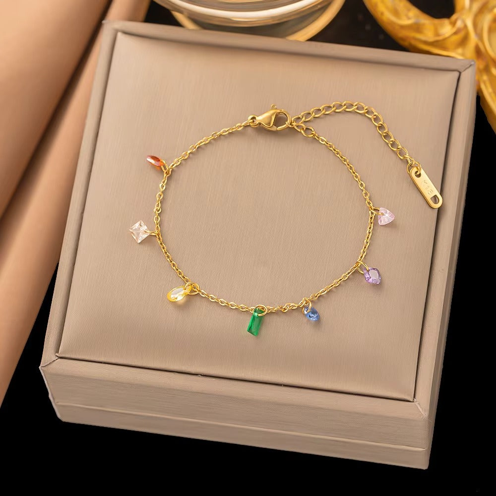 Gioiello 3-in-1 in Acciaio 316L Placcato Oro 18K con Zirconi – Bracciale, Collana e Cavigliera